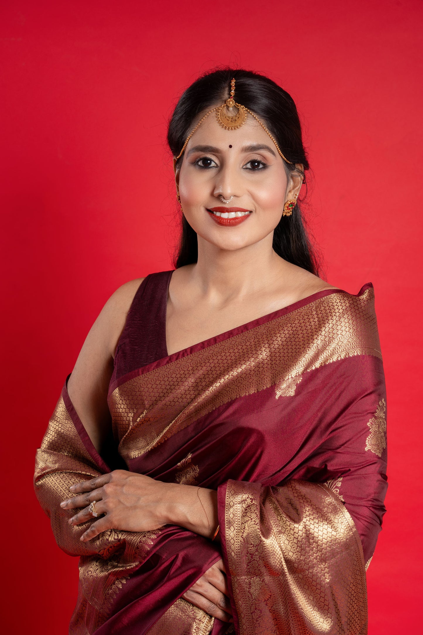 Shrivvi Dark Maroon Silk Saree