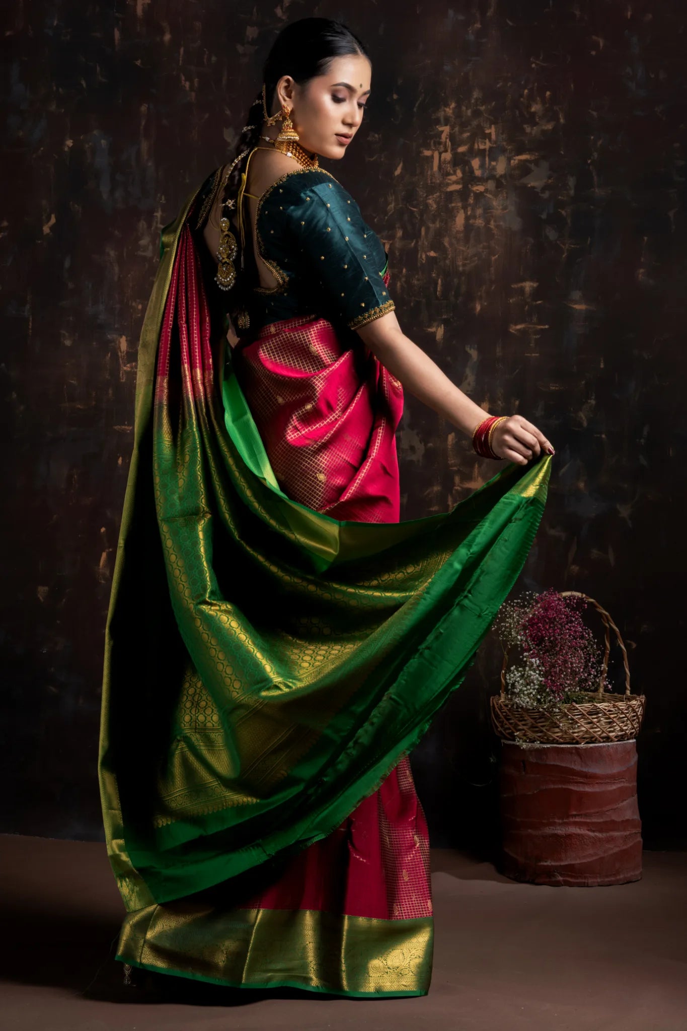 Shrivvi Maroon Silk Saree With Green Border