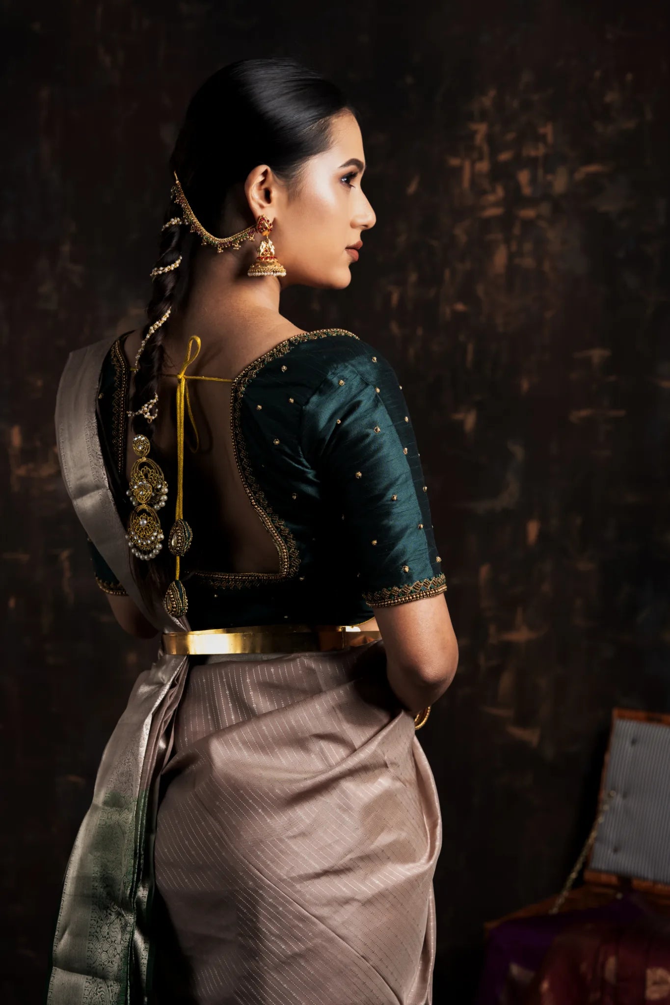 Shrivvi Pale Brown Silk Saree With Green Pallu