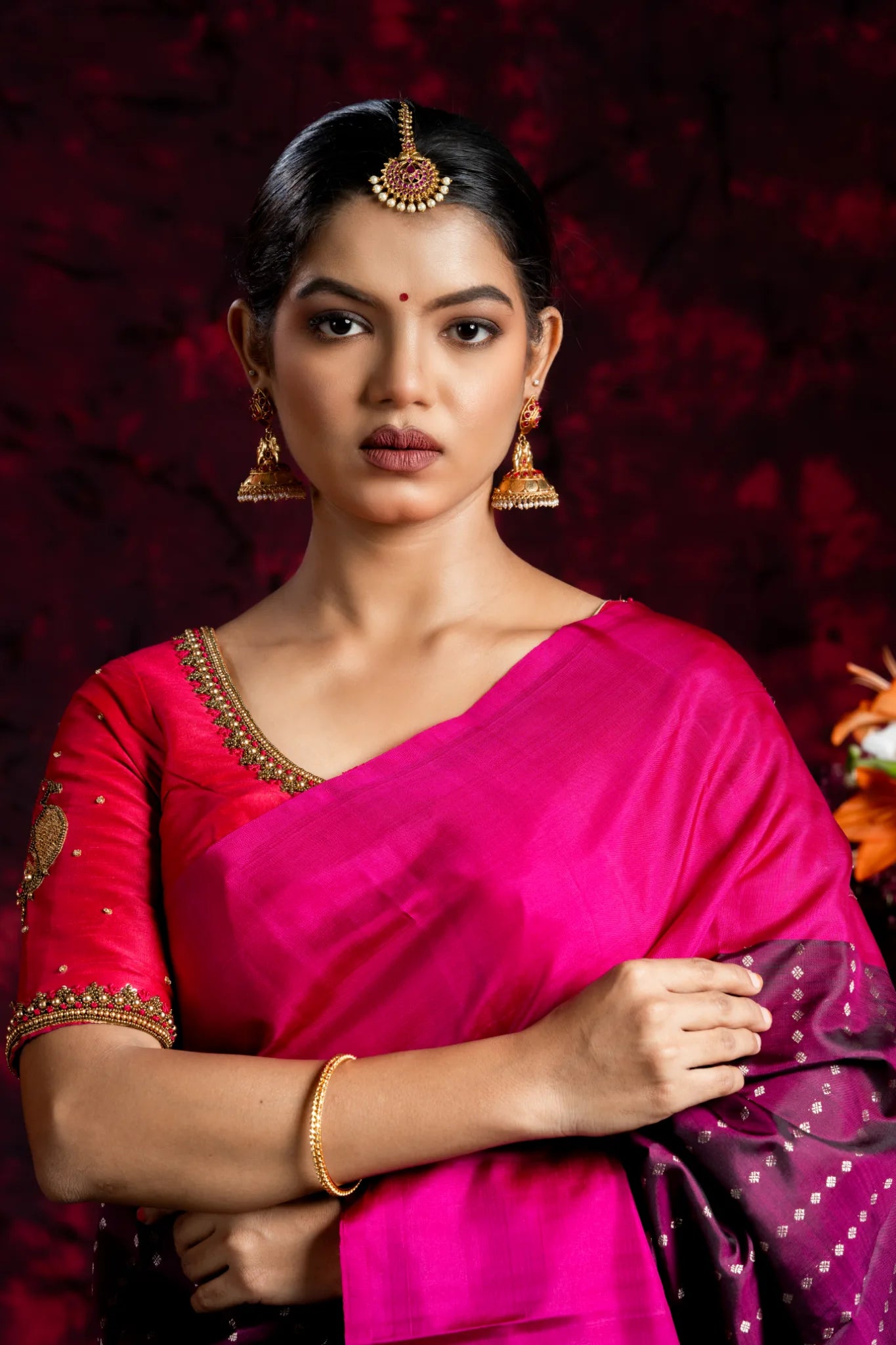 Shrivvi Purple Silk Saree With Pink Border