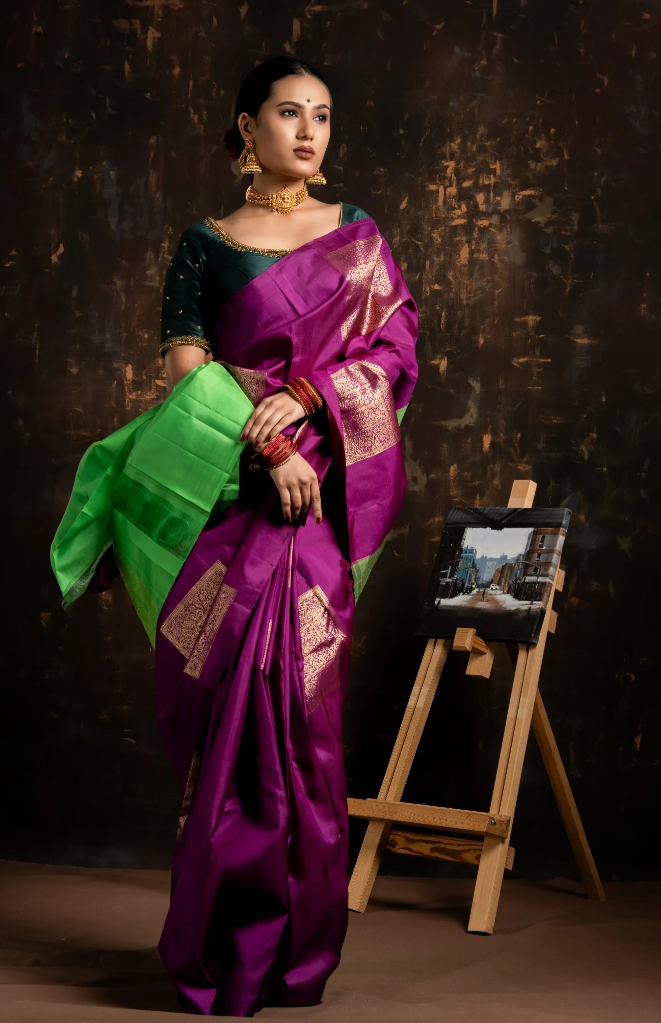 Shrivvi Purple Silk Saree With Square Gold Zari & Green Pallu