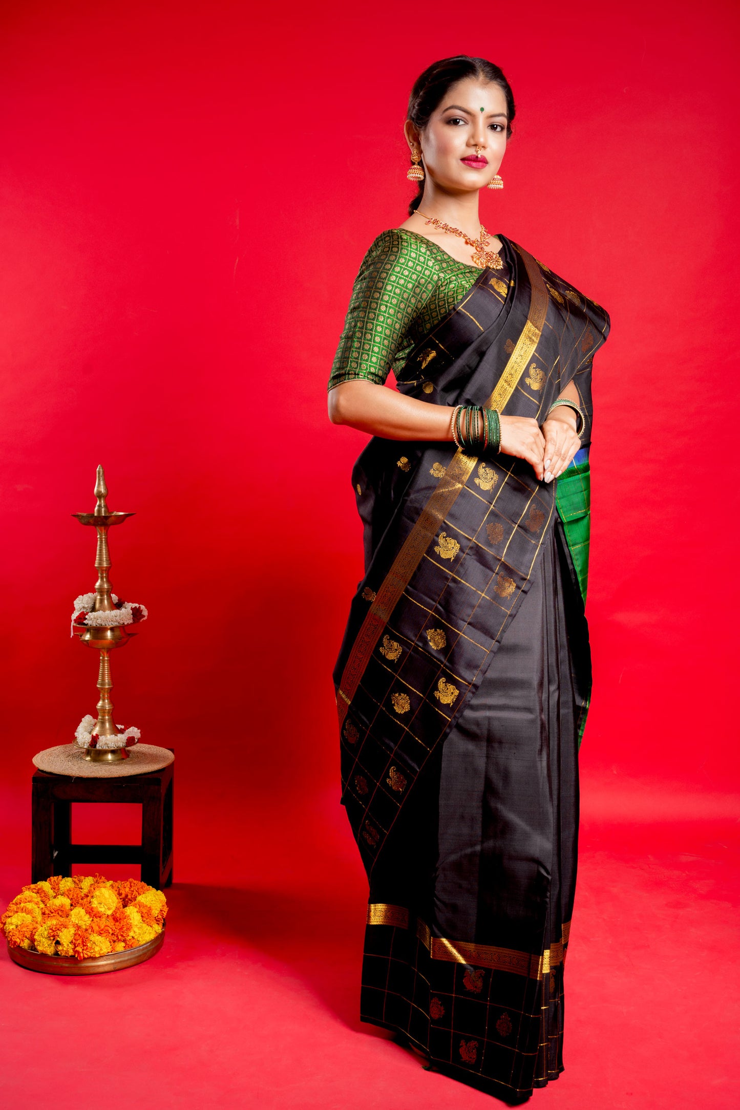 Shrivvi Black Silk Saree With Green Border