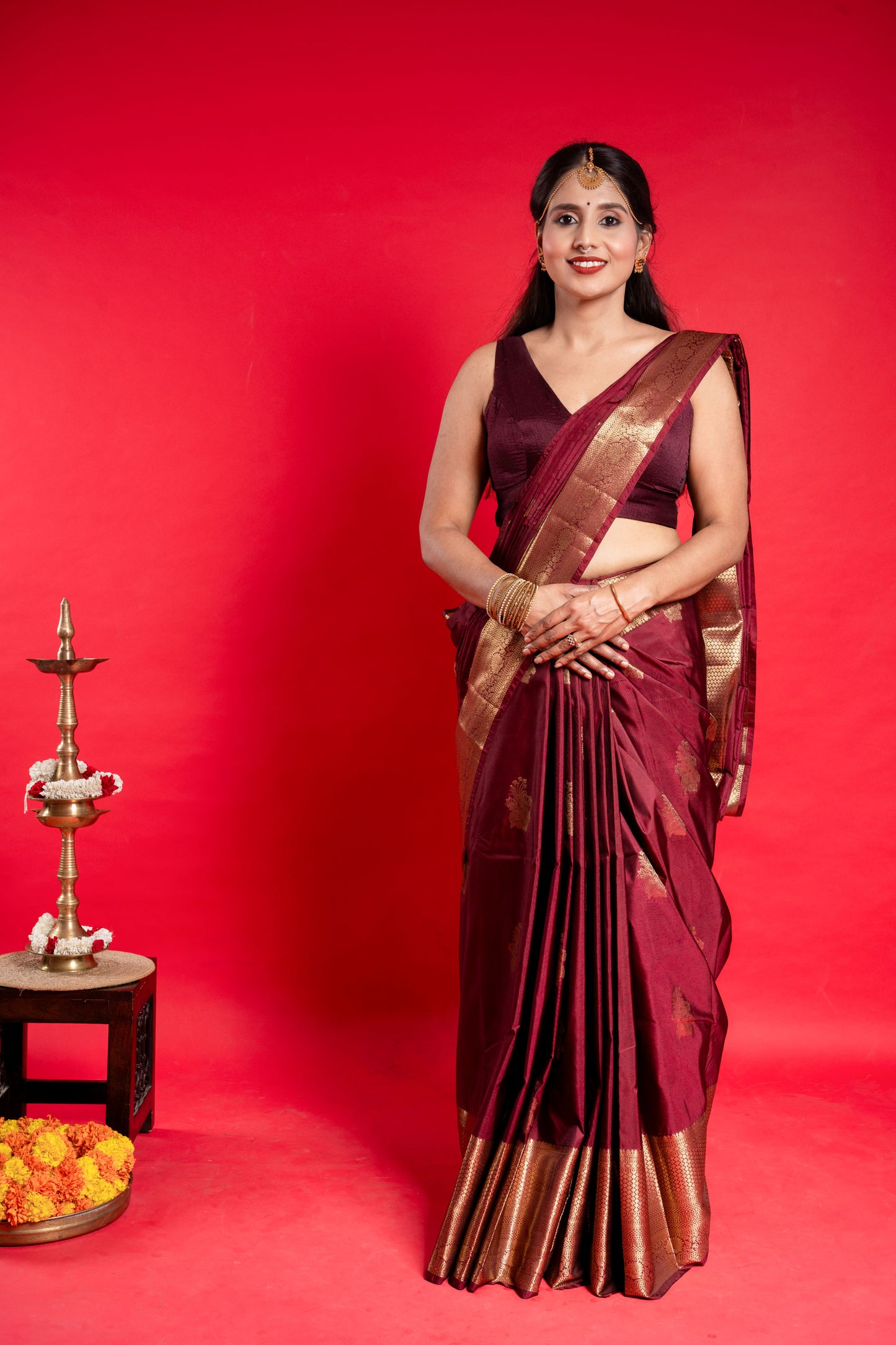 Shrivvi Dark Maroon Silk Saree
