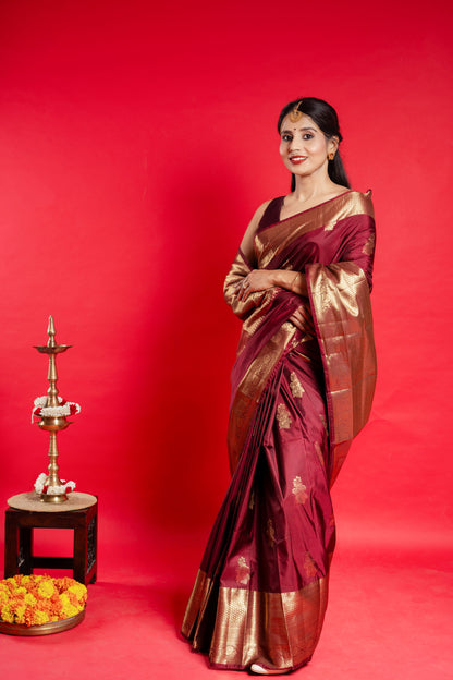 Shrivvi Dark Maroon Silk Saree