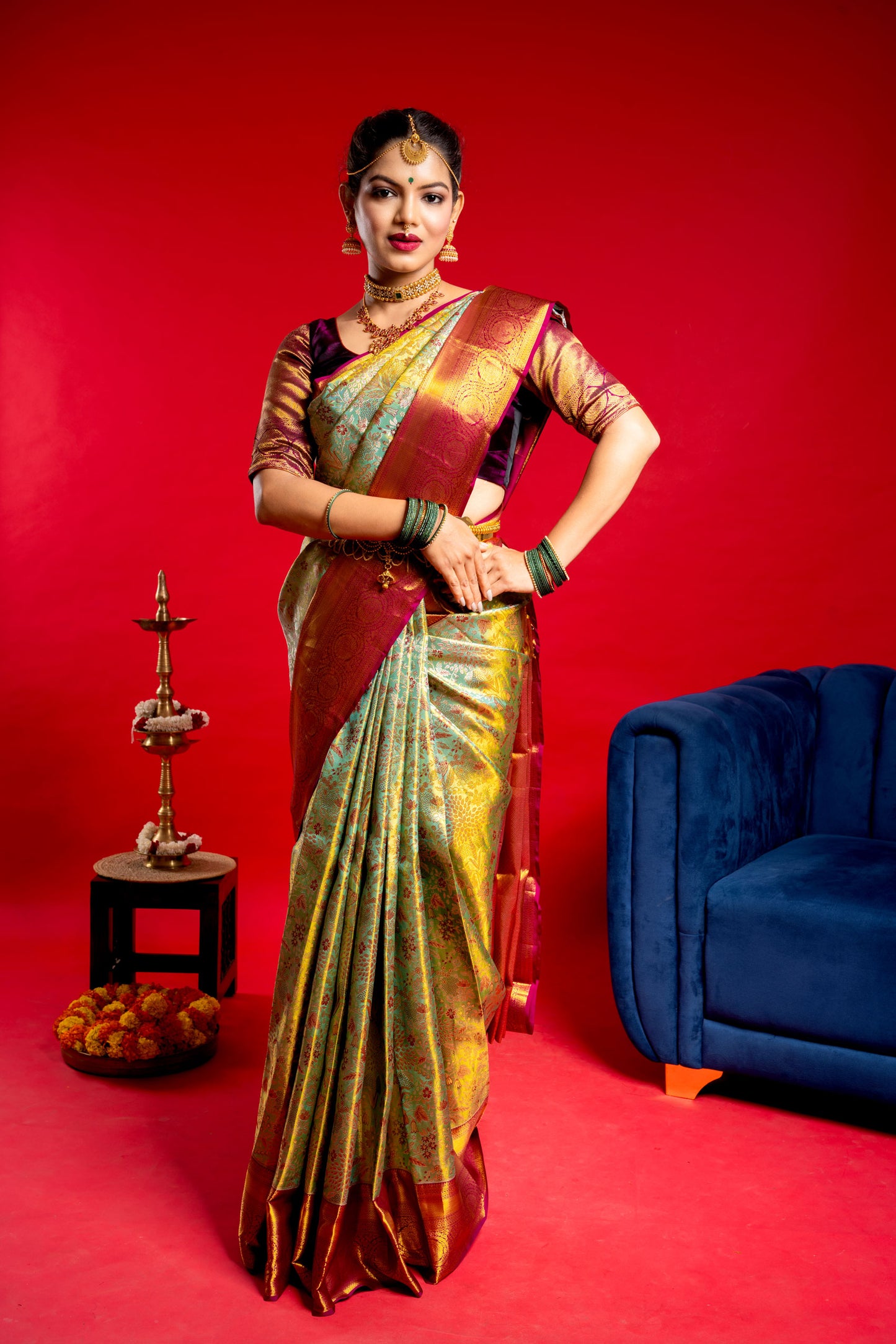 Shrivvi Floral Green Silk Saree With Red Border