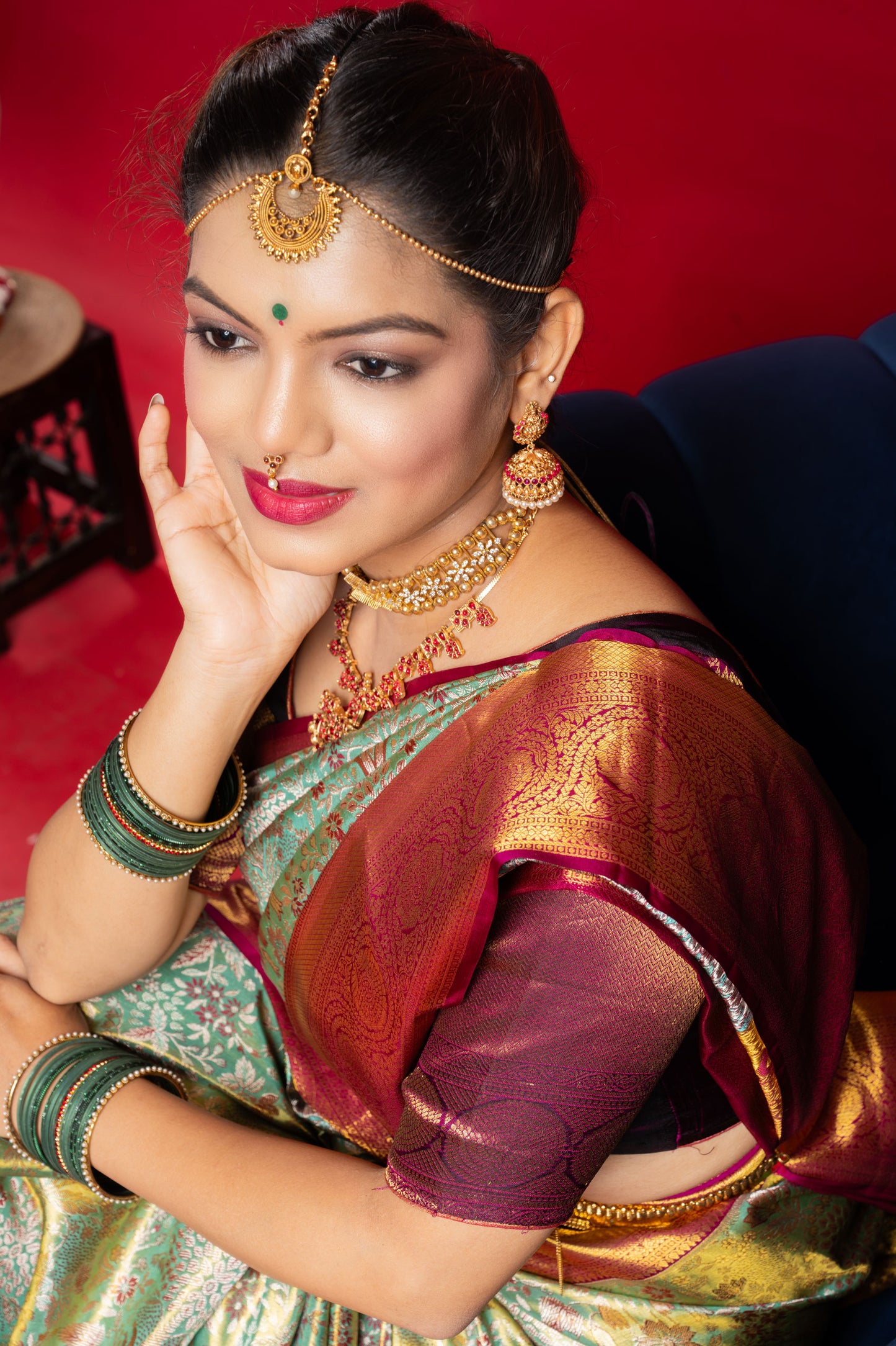 Shrivvi Floral Green Silk Saree With Red Border