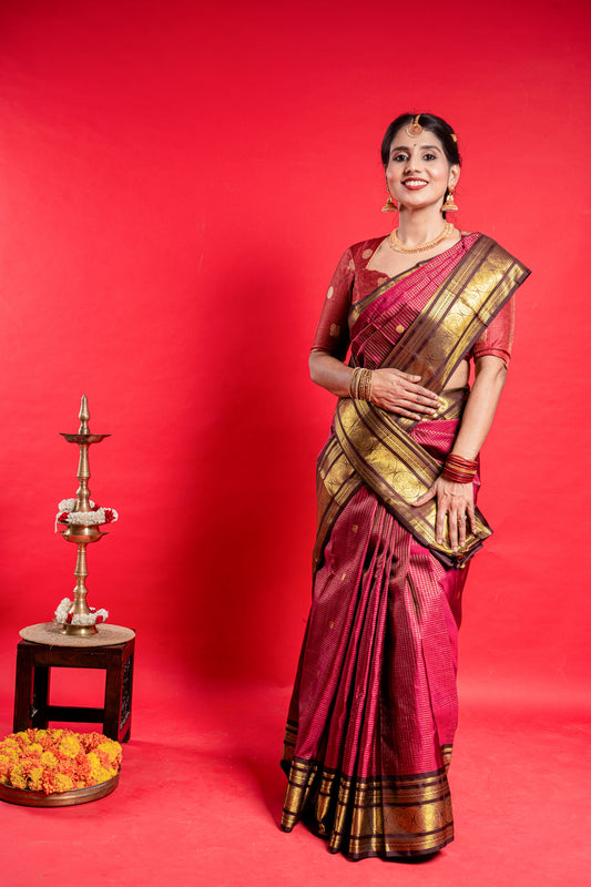 Shrivvi Maroon Silk Saree With Brown Border