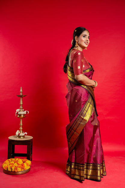 Shrivvi Maroon Silk Saree With Brown Border