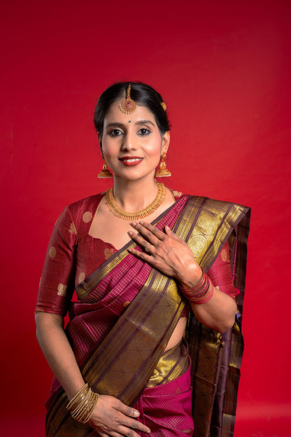 Shrivvi Maroon Silk Saree With Brown Border