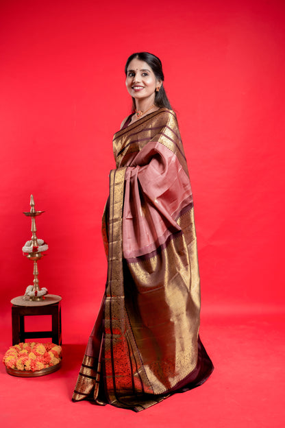 Shrivvi Pink Silk Saree With Brown Border