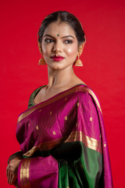 Shrivvi Green Silk Saree With Pink Border