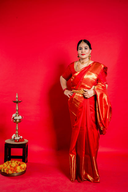 Shrivvi Red Silk Saree With Golden Zari
