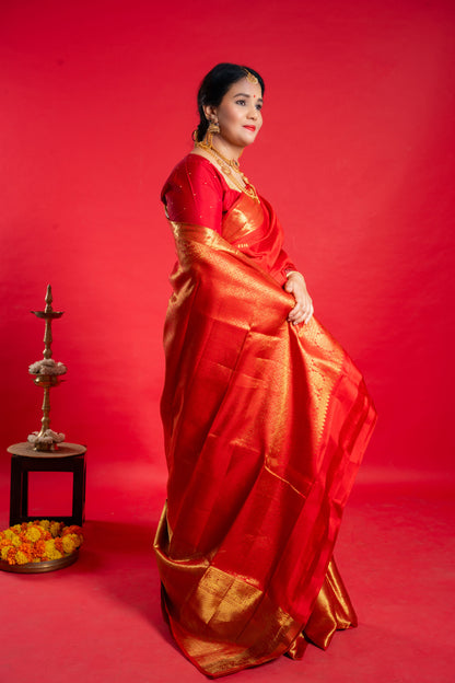 Shrivvi Red Silk Saree With Golden Zari