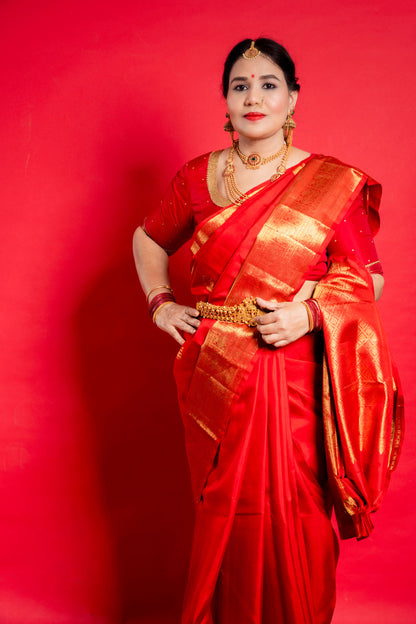 Shrivvi Red Silk Saree With Golden Zari