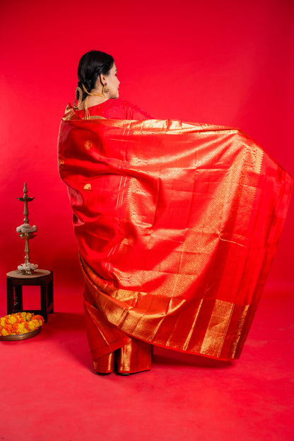 Shrivvi Red Silk Saree With Golden Zari