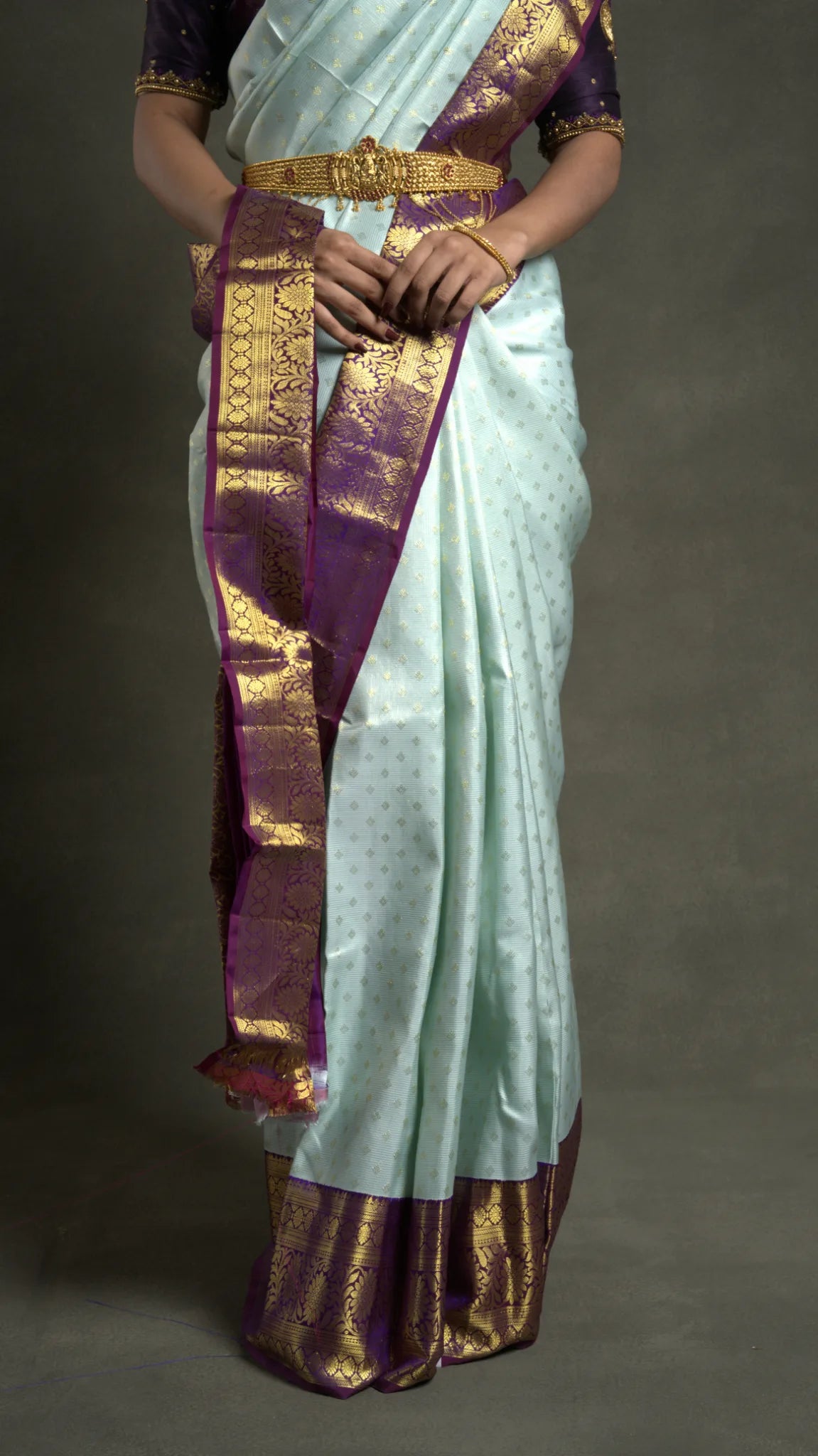Shrivvi Elegant Light Blue Silk Saree with Purple Golden Zari Border
