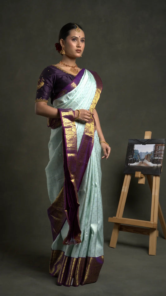 Shrivvi-elegant-light-blue-silk-saree-with-purple-golden-zari-border