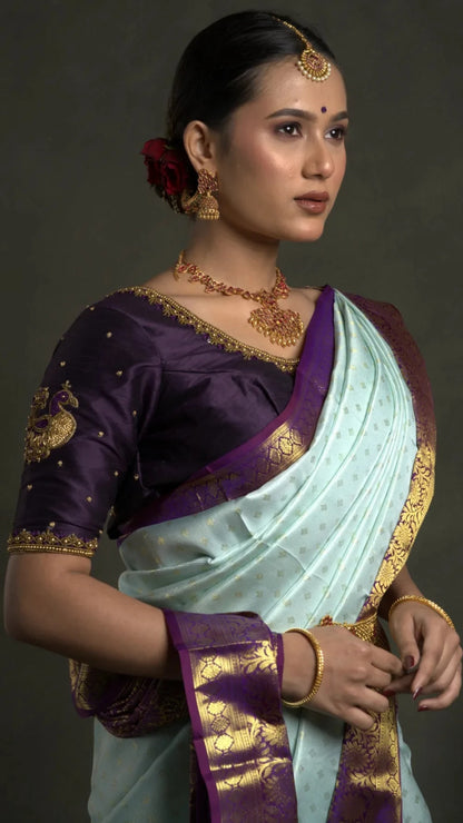 Shrivvi Elegant Light Blue Silk Saree with Purple Golden Zari Border