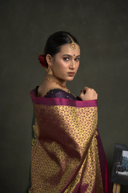 Shrivvi Graceful Green Silk Saree with Purple Square Golden Zari Border