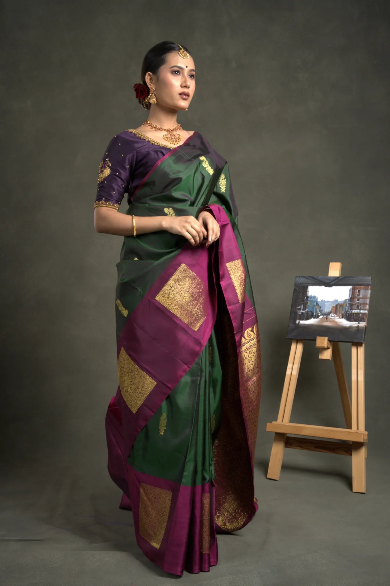 Shrivvi Graceful Green Silk Saree with Purple Square Golden Zari Border
