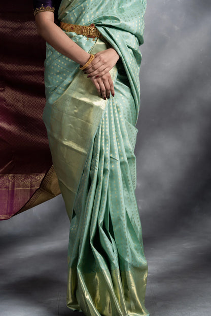 Shrivvi Apple Green Silk Saree With Golden Butta & Golden Pallu