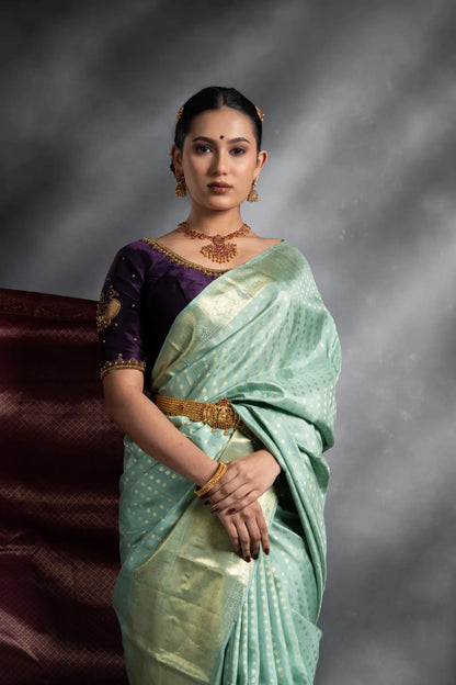 Shrivvi Apple Green Silk Saree With Golden Butta & Golden Pallu