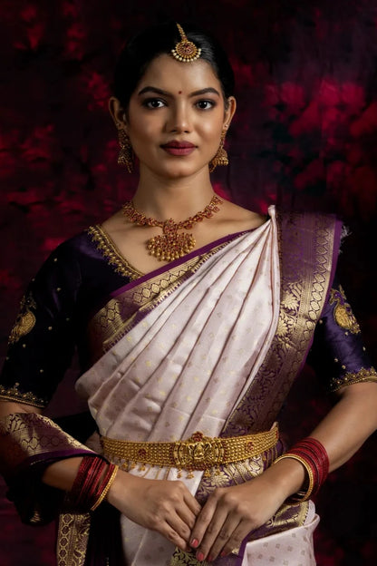 Shrivvi Baby Pink Silk Saree With Purple Border