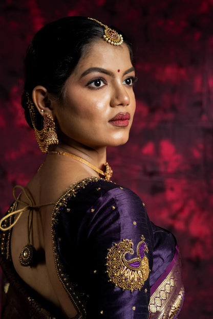 Shrivvi Baby Pink Silk Saree With Purple Border