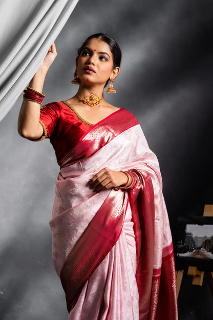 Shrivvi Baby Pink Silk Saree With Red Border, Floral Design & Red Pallu