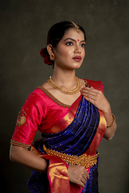 Shrivvi Dark Blue Silk Saree With Golden Butta, Vertical Zari & Red Pallu