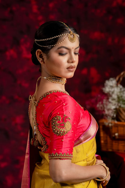 Shrivvi Haldi Silk Saree With Pink Border