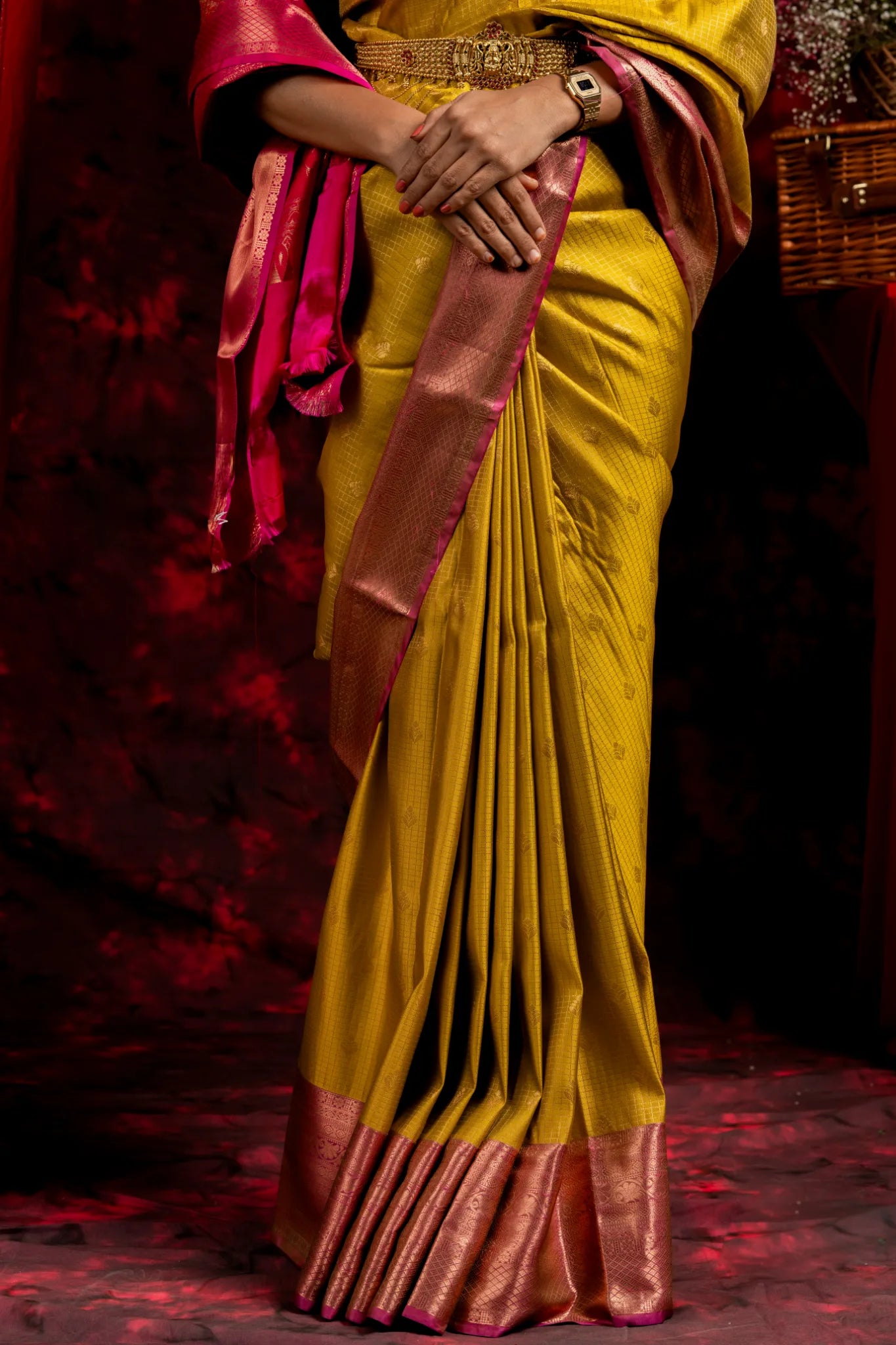 Shrivvi Haldi Silk Saree With Pink Border