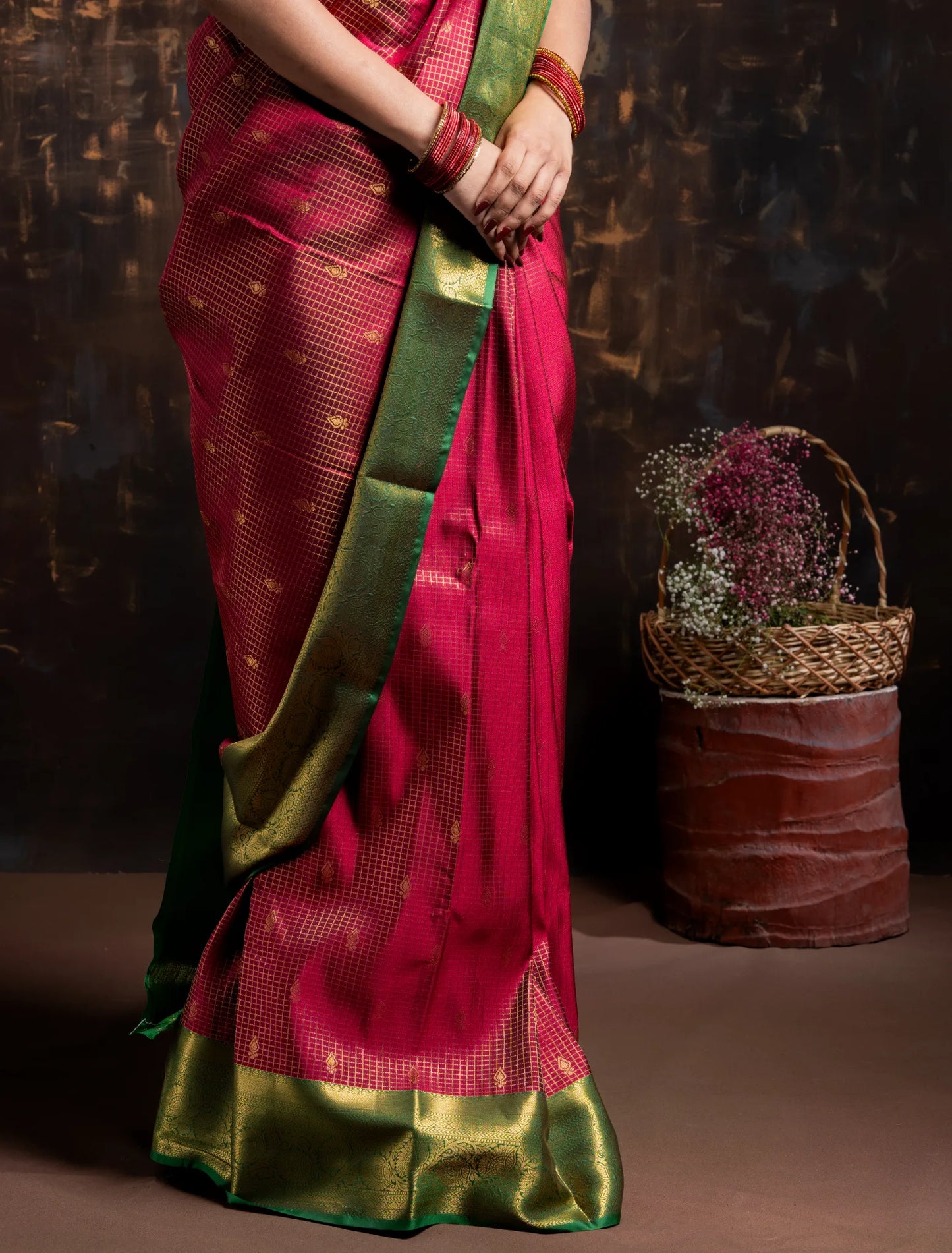 Shrivvi Maroon Silk Saree With Green Border