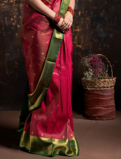 Shrivvi Maroon Silk Saree With Green Border