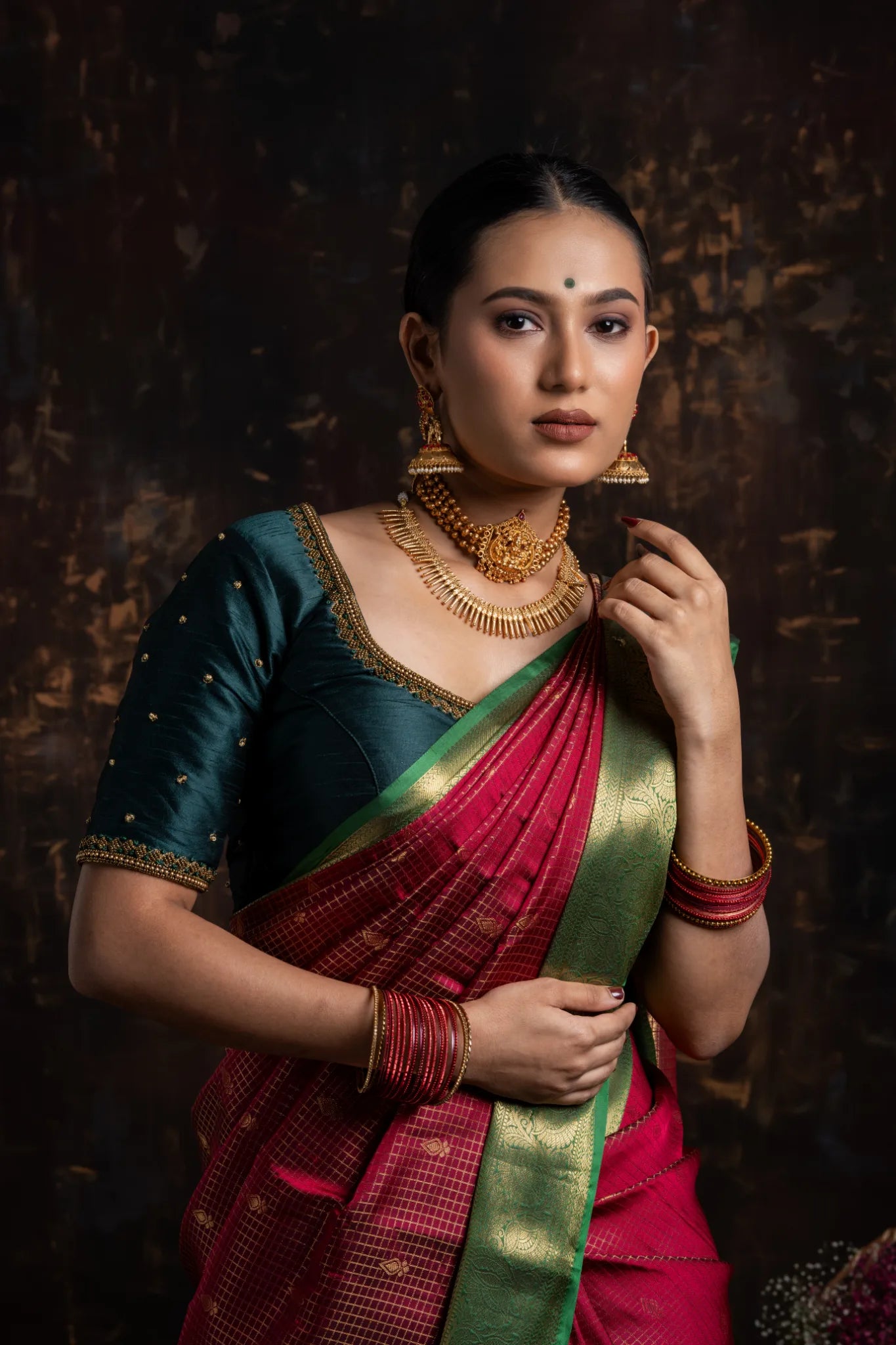 Shrivvi Maroon Silk Saree With Green Border