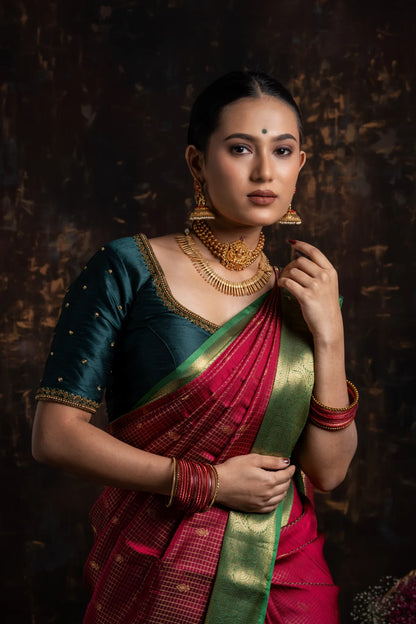 Shrivvi Maroon Silk Saree With Green Border