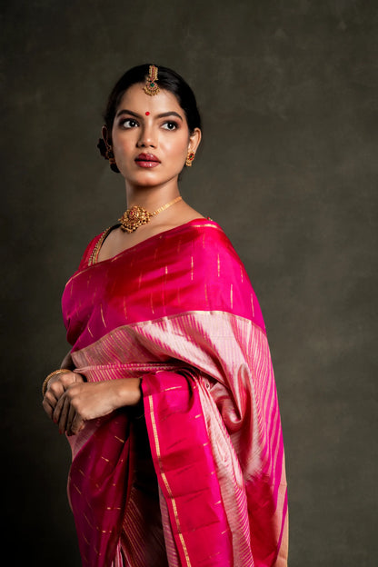 Shrivvi Onion Pink Silk Saree With Dark Pink Border, Golden Zari Design & Dark Pink Pallu