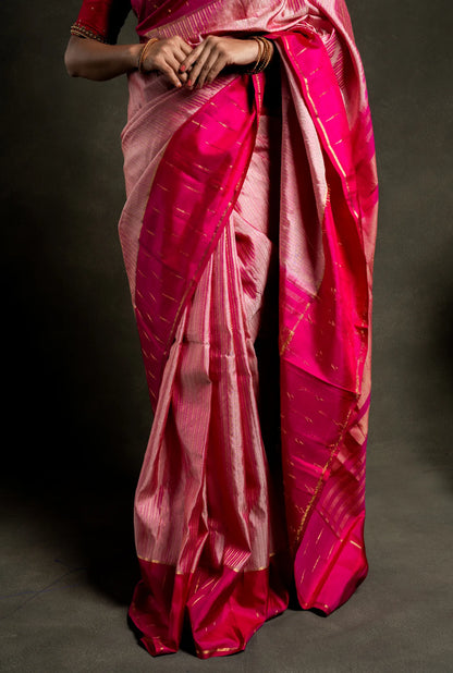 Shrivvi Onion Pink Silk Saree With Dark Pink Border, Golden Zari Design & Dark Pink Pallu