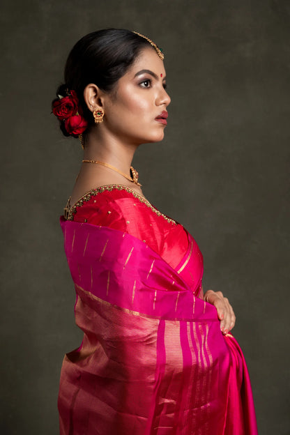 Shrivvi Onion Pink Silk Saree With Dark Pink Border, Golden Zari Design & Dark Pink Pallu