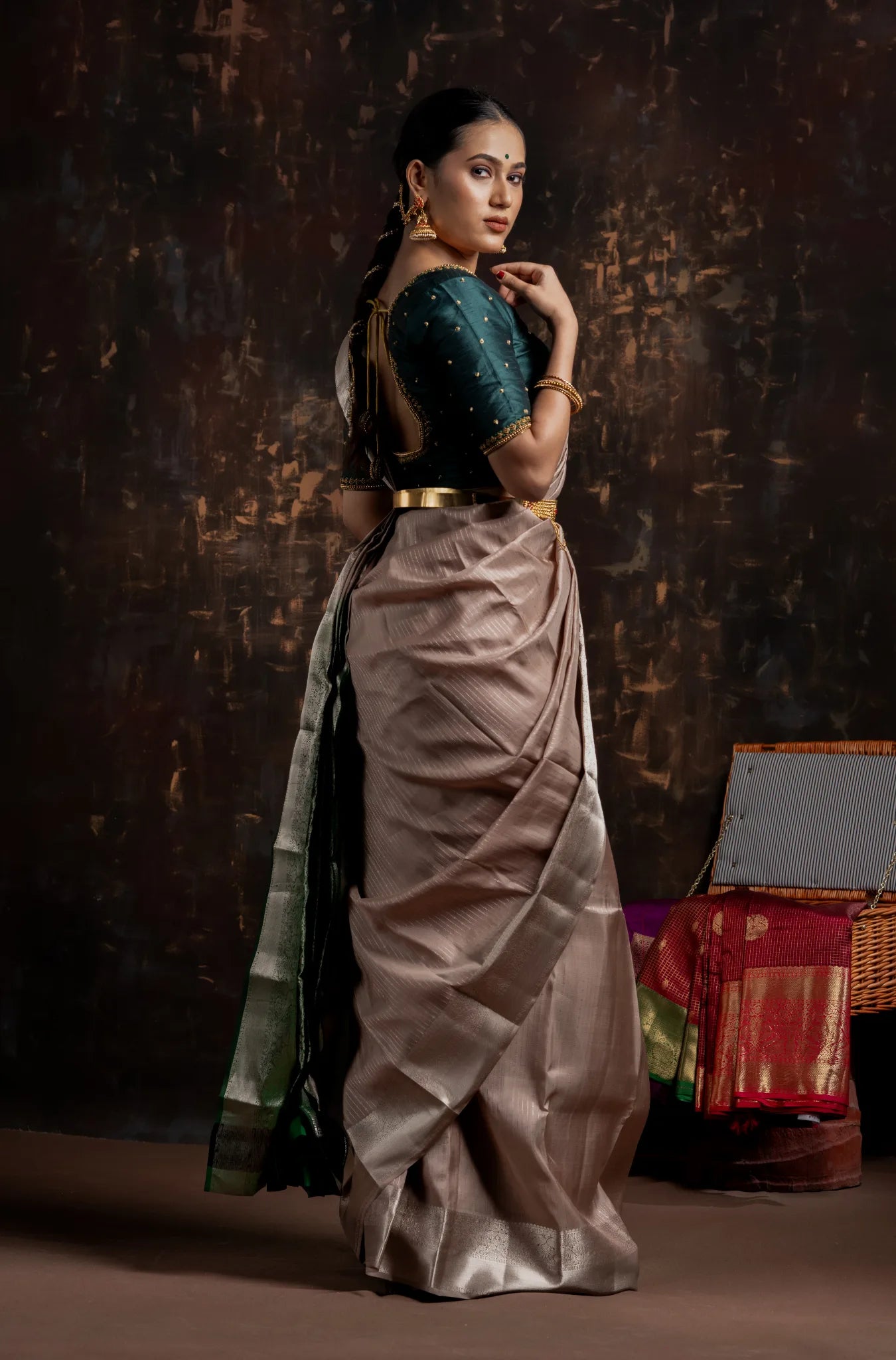Shrivvi Pale Brown Silk Saree With Green Pallu