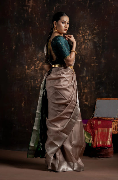 Shrivvi Pale Brown Silk Saree With Green Pallu