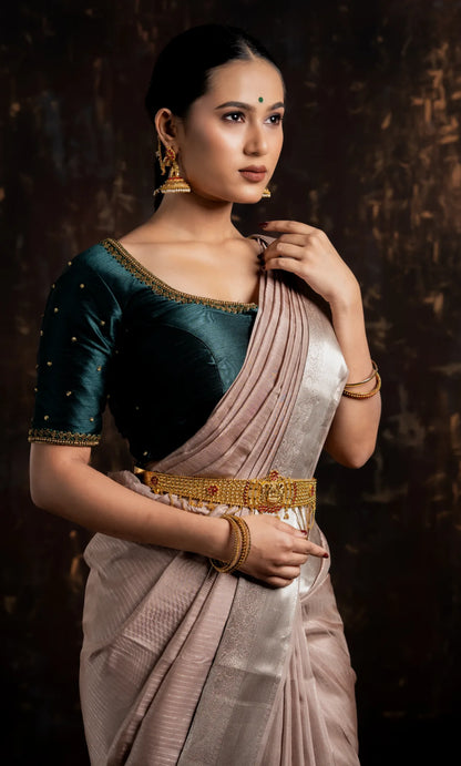 Shrivvi Pale Brown Silk Saree With Green Pallu