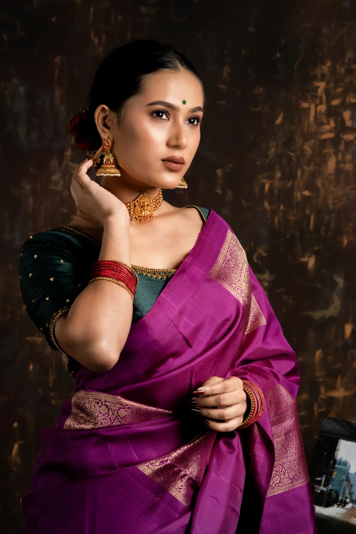 Shrivvi Purple Silk Saree With Square Gold Zari & Green Pallu
