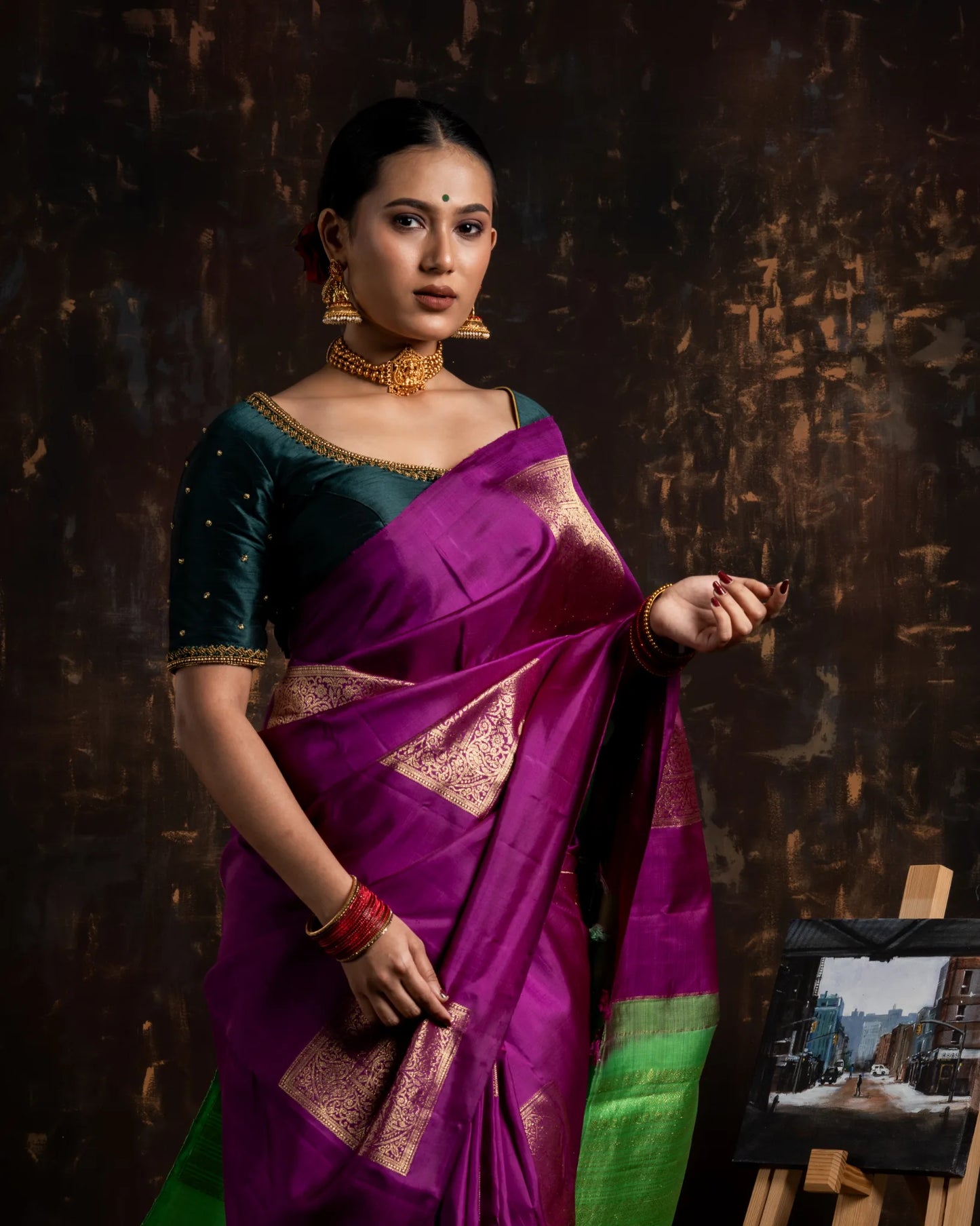 Shrivvi Purple Silk Saree With Square Gold Zari & Green Pallu
